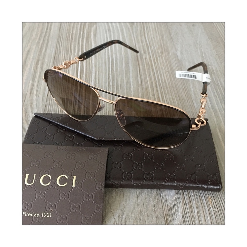 Gucci Rose Gold Marina Chain Aviators & Crystals